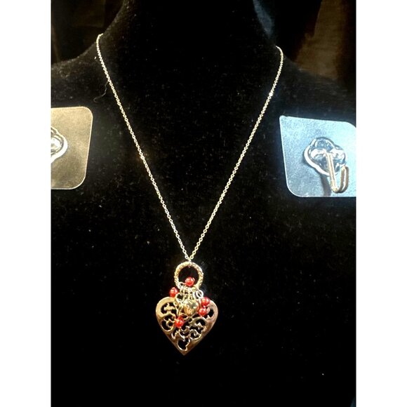 Silver Heart Pendant Necklace & Earrings Set With Red Beads By Paparazzi Jewelry - Picture 1 of 4